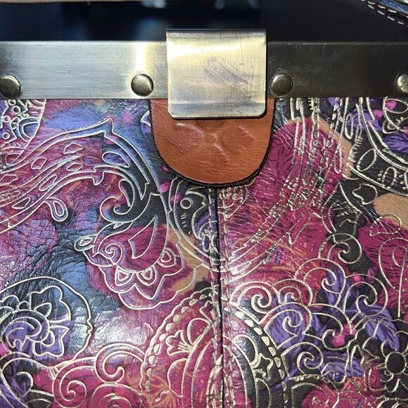 Patricia Nash Ferrara Leather Frame Satchel Retro Floral Embossed Hobo Bag - Picture 7 of 12